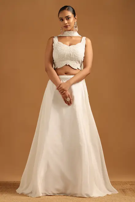 White Crepe Embriodered Cutdana Embellished Lehenga